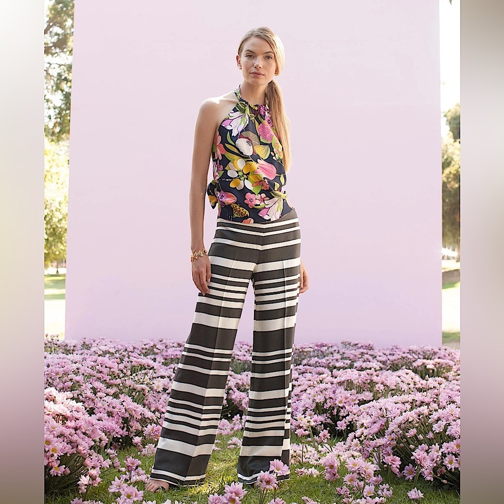 {Trina Turk} Dark Gray/Black & White Striped Wide Leg Pants